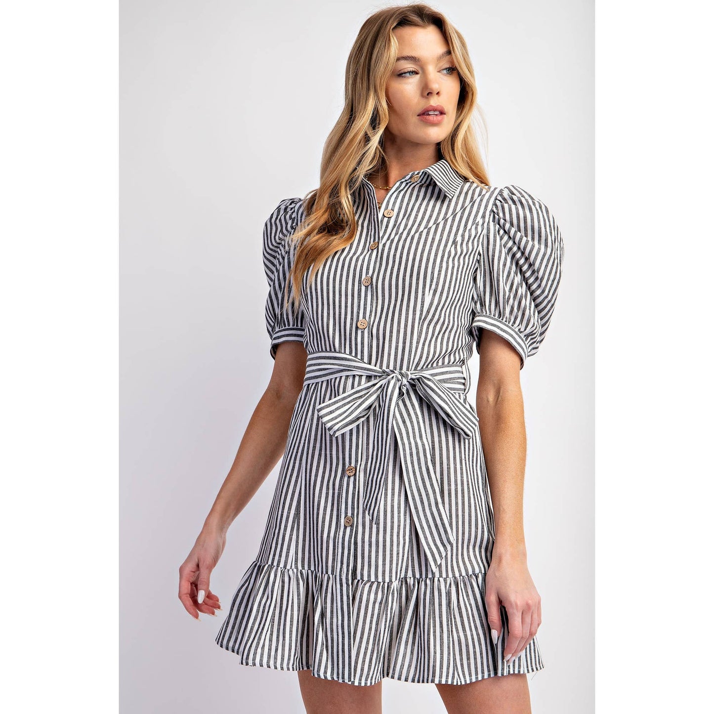 COTTON STRIPED BELTED SHIRT DRESS