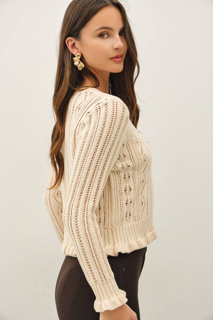 Pointelle, Crochet Knit, Ruffle Detail Button Up Cardigan