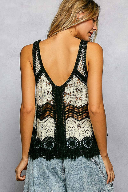 Border Weave Scalloped Crochet V-Neck Sleeveless Top