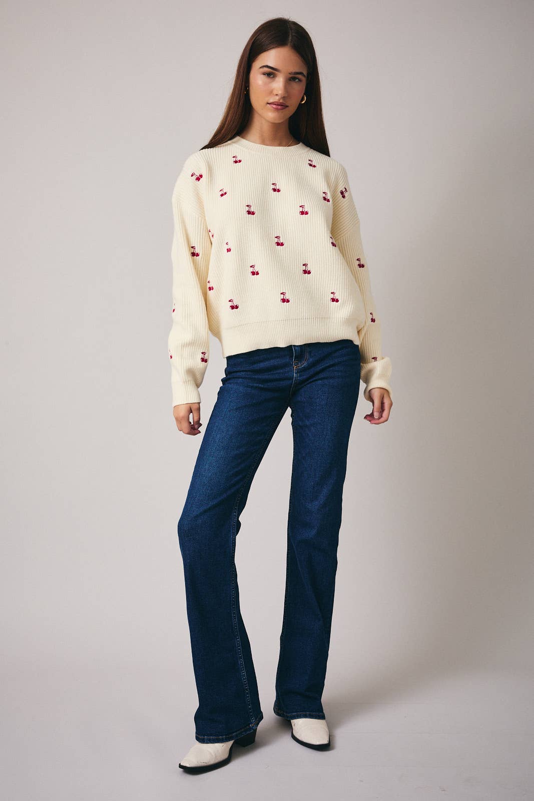 Sunday Edition Round Neck Long Sleeve “Cherry” Embroidered  Sweater
