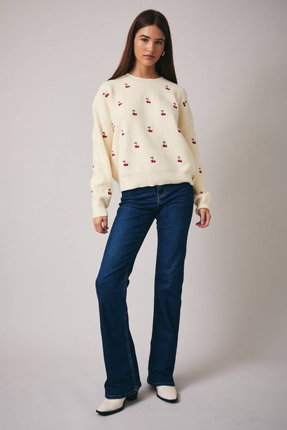 Sunday Edition Round Neck Long Sleeve “Cherry” Embroidered  Sweater