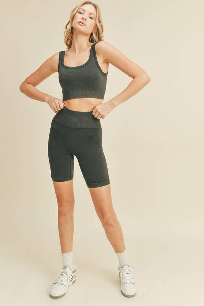 Black Ribbed Seamless Mineral Washed Bra & Biker Set