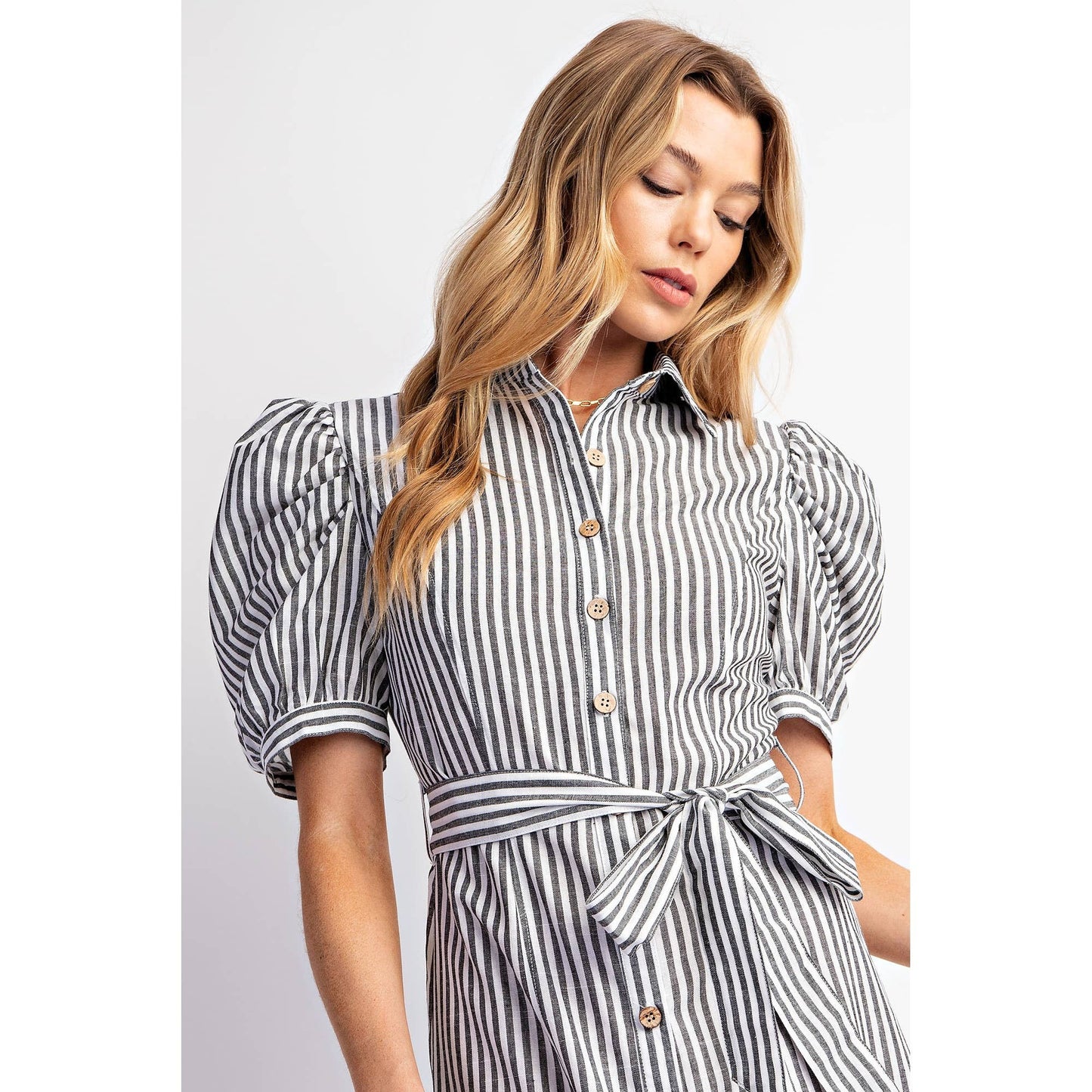 COTTON STRIPED BELTED SHIRT DRESS