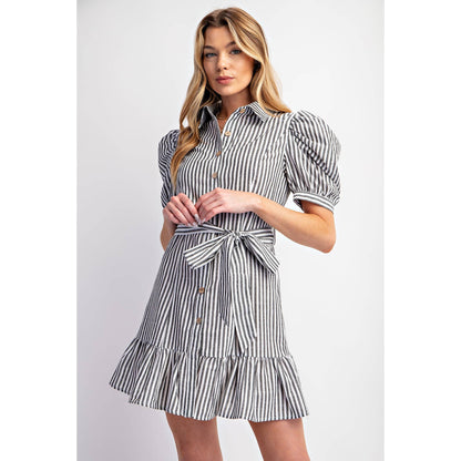 COTTON STRIPED BELTED SHIRT DRESS