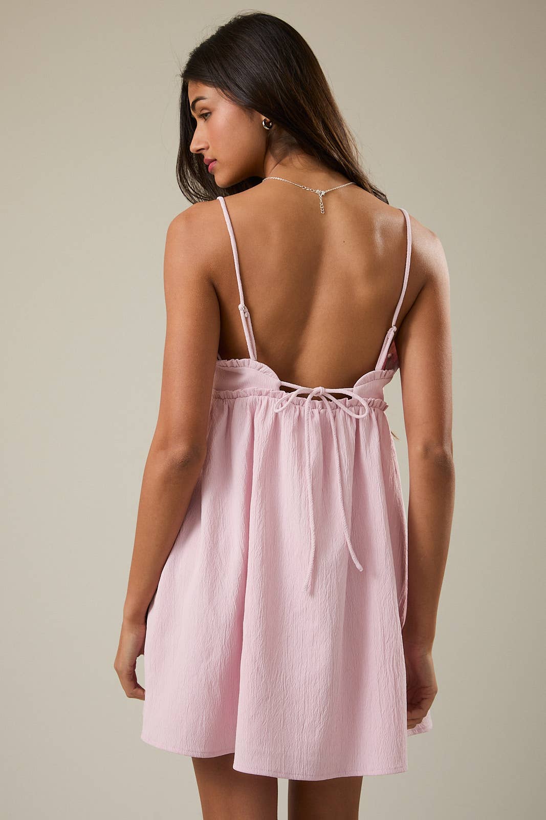 RUFFLE DETAIL SPAGHETTI STRAP SLEEVELESS A-LINE MINI DRESS