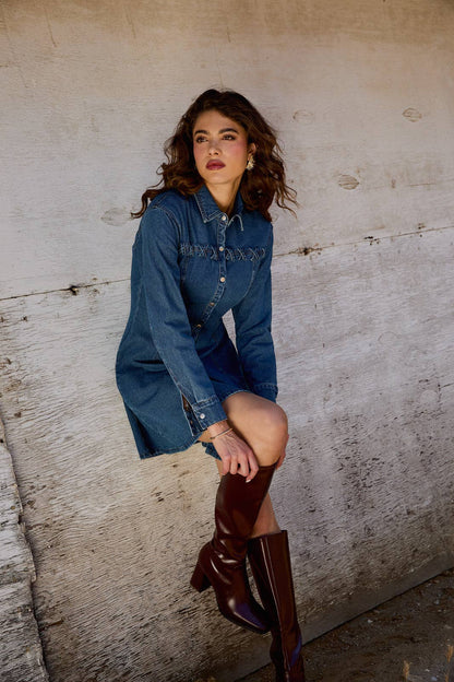 WIDE SHOULDER LONG SLEEVE FIT & FLARE DENIM MINI DRESS