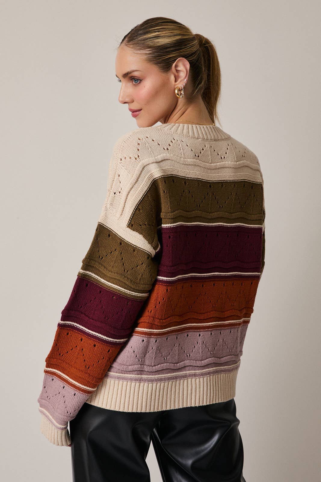 ROUND NECK LONG SLEEVE COLOR BLOCK SWEATER TOP