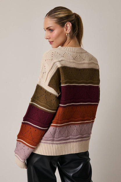 ROUND NECK LONG SLEEVE COLOR BLOCK SWEATER TOP