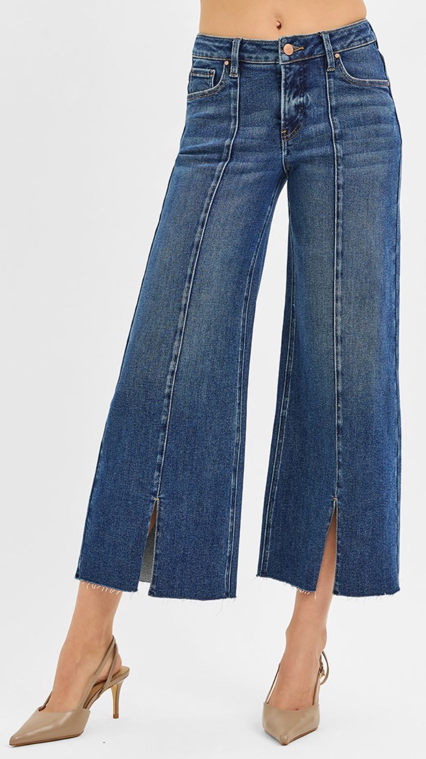 Risen Tummy Control Mid Rise Crop Wide Front Slit Jeans