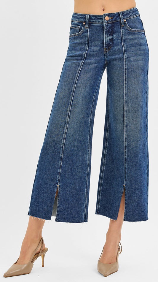 Risen Tummy Control Mid Rise Crop Wide Front Slit Jeans