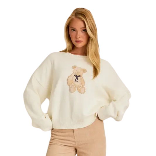 Cream Blue Bow Teddy Bear Crewneck Sweater
