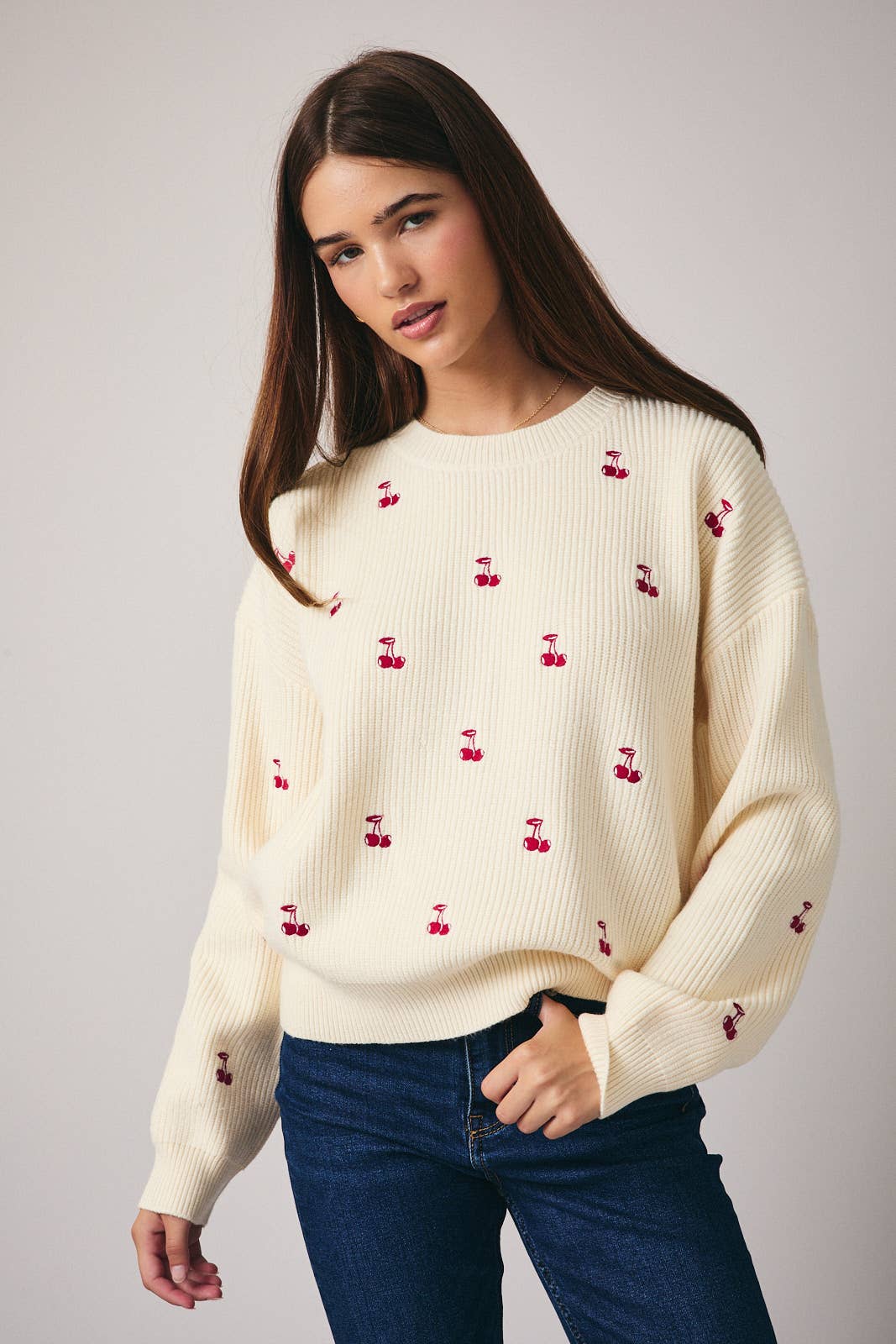 Sunday Edition Round Neck Long Sleeve “Cherry” Embroidered  Sweater