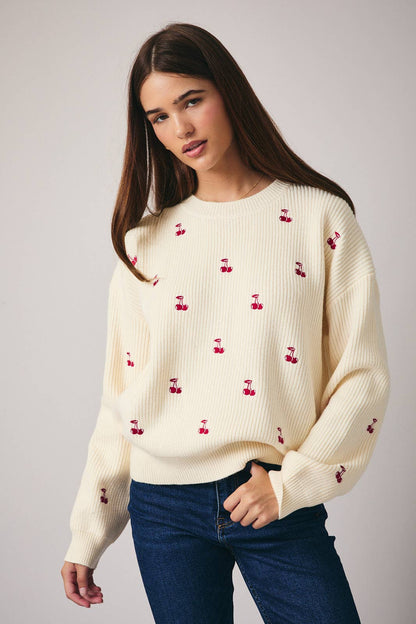 Sunday Edition Round Neck Long Sleeve “Cherry” Embroidered  Sweater