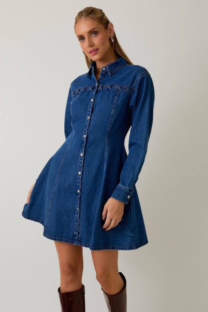 WIDE SHOULDER LONG SLEEVE FIT & FLARE DENIM MINI DRESS