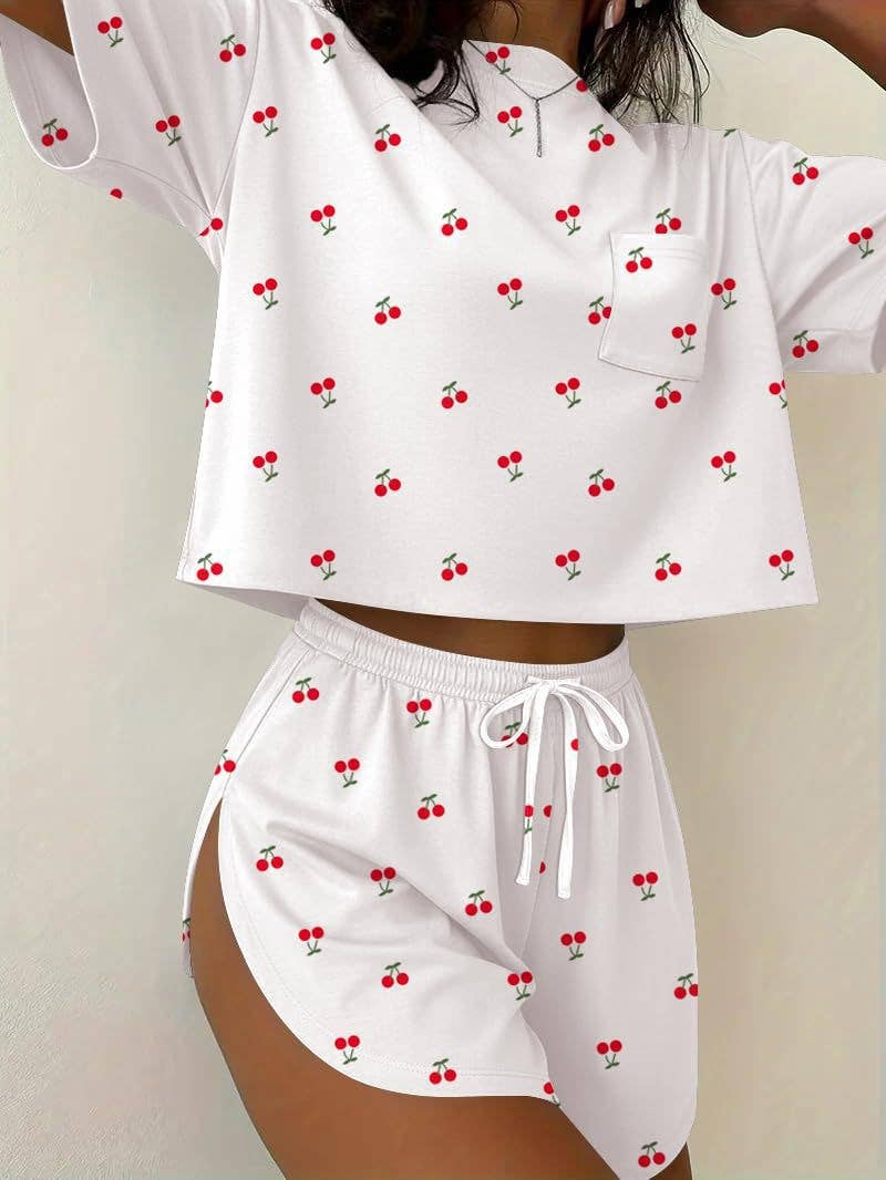 Two Piece Lounge Pajama Set Tee Top Drawstring Shorts