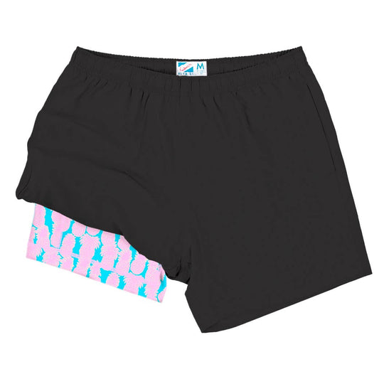 Black Men's Swim Trunk with Blue Pineapples 6 Inch Liner