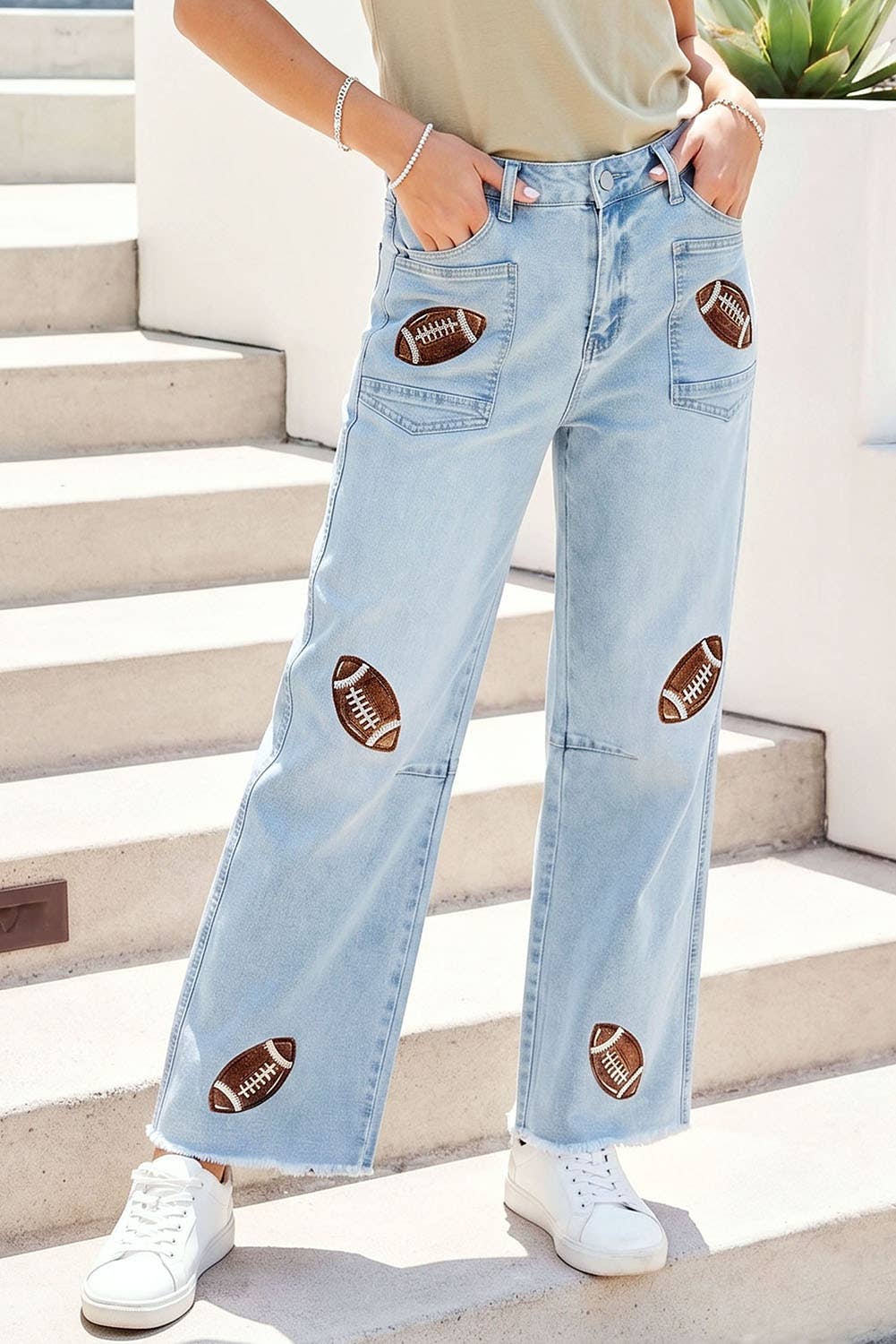 Little Daisy Closet Game Day Sequin Detail High Waist Patchwork Shift Jeans