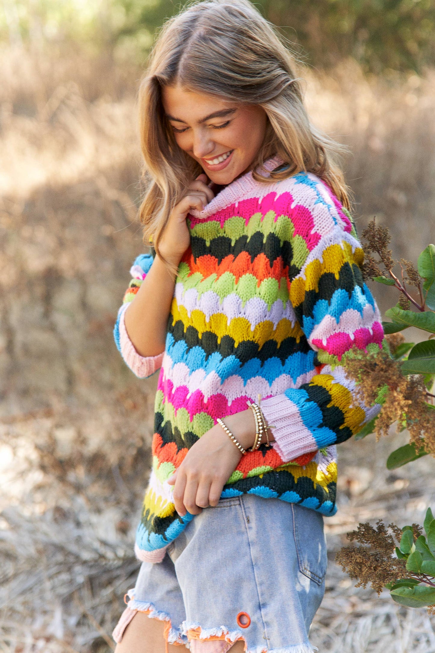 Fish Scales Multicolor Design Knit Sweater