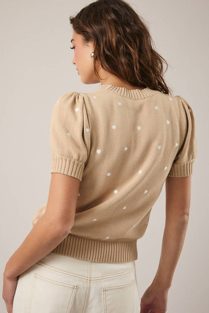 Sunday Edition - Round Neck Puff Short Sleeve “Polka Dot” Embroidered Sweater