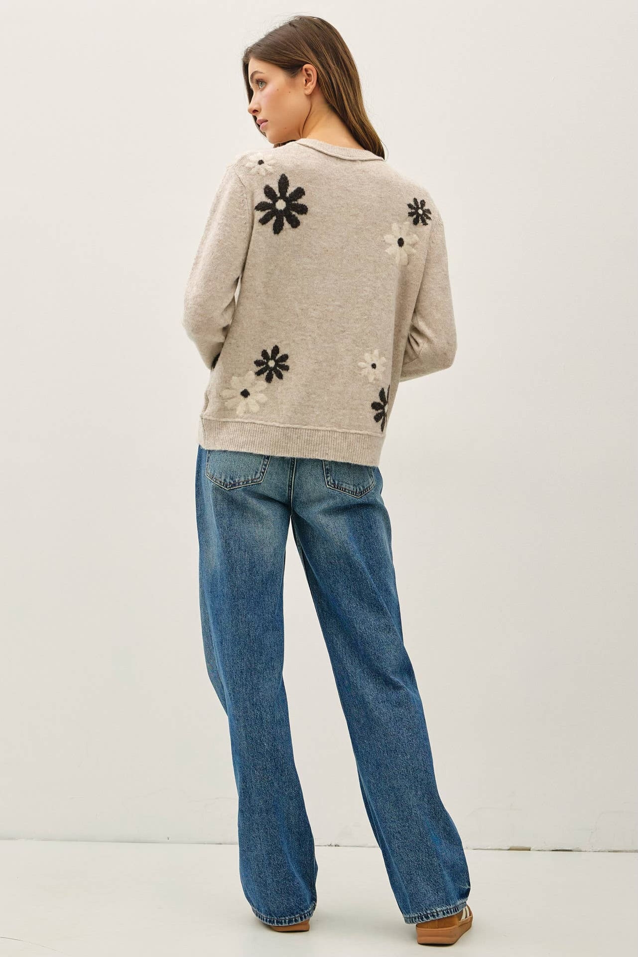 Wool Blend Floral Accent Crewneck Sweater