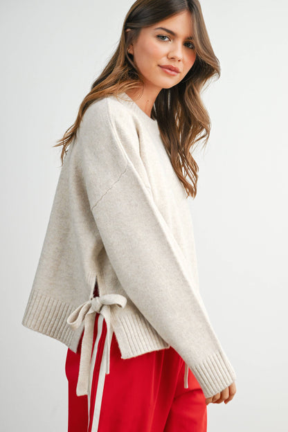 Buttermelon Tie Split-Hem Crewneck Long Sleeve Top