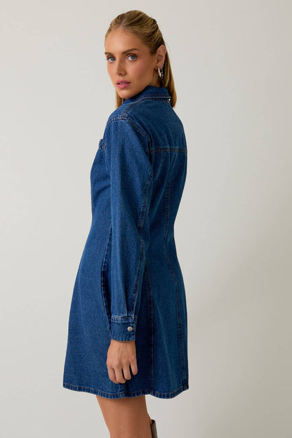 WIDE SHOULDER LONG SLEEVE FIT & FLARE DENIM MINI DRESS
