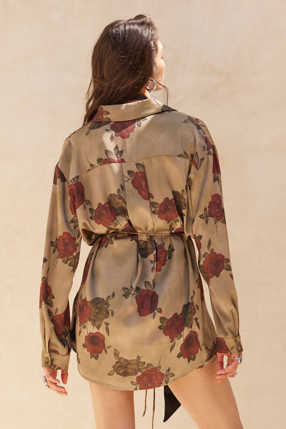 Floral-Print Satin Belted Button-Up Shirt Romper