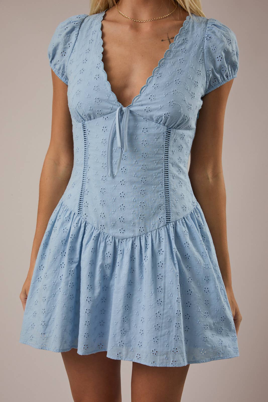 CAP SLEEVE SCALLOP V-NECK DROP WAIST MINI DRESS