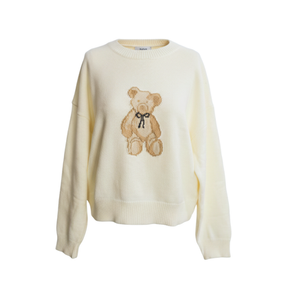 Cream Blue Bow Teddy Bear Crewneck Sweater