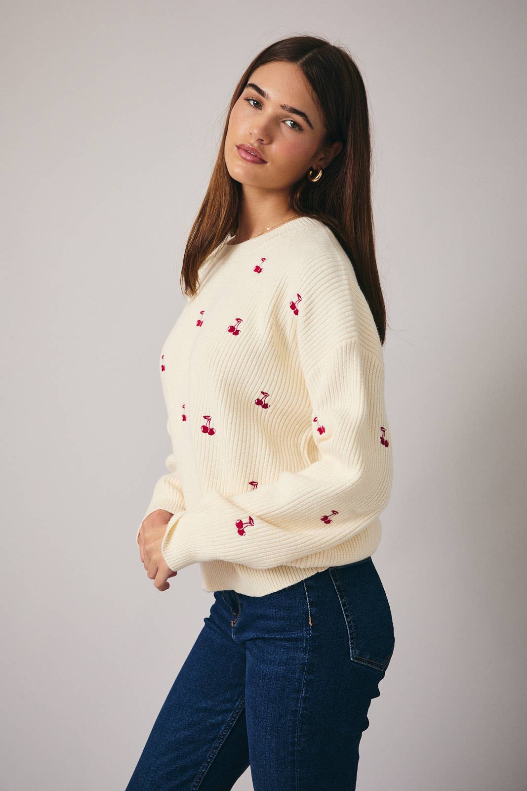 Sunday Edition Round Neck Long Sleeve “Cherry” Embroidered  Sweater