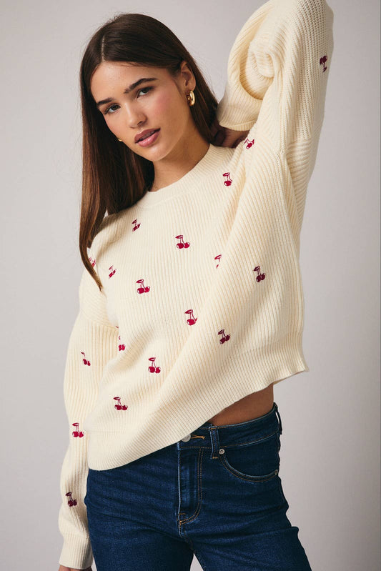 Sunday Edition Round Neck Long Sleeve “Cherry” Embroidered  Sweater