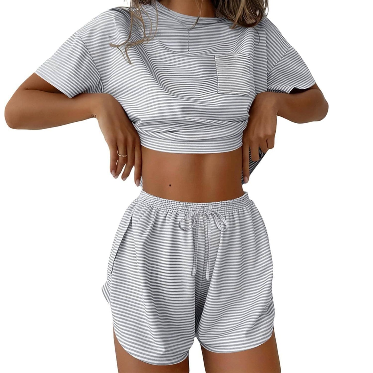 Two Piece Lounge Pajama Set Tee Top Drawstring Shorts