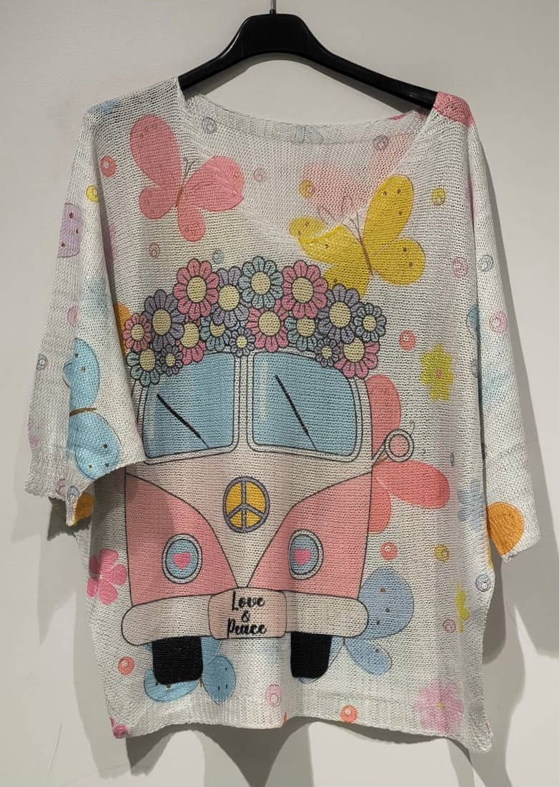 Pink Peace Van Knit Printed Sweater 3/4 sleeves