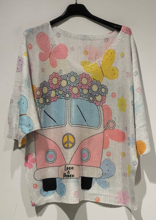 Pink Peace Van Knit Printed Sweater 3/4 sleeves