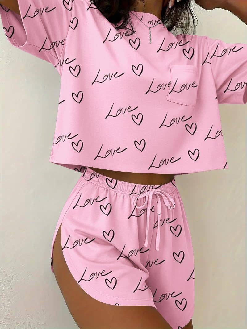 Two Piece Lounge Pajama Set Tee Top Drawstring Shorts