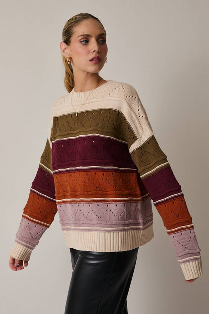 ROUND NECK LONG SLEEVE COLOR BLOCK SWEATER TOP