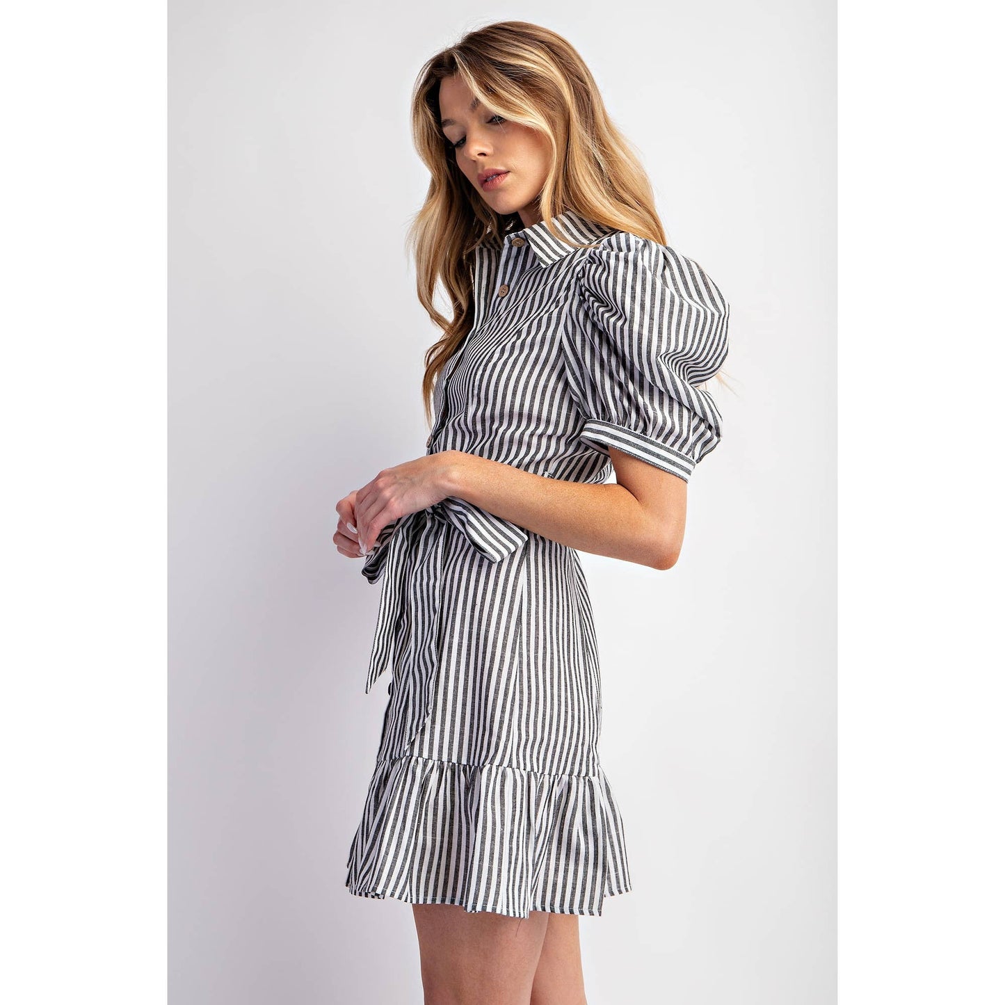 COTTON STRIPED BELTED SHIRT DRESS