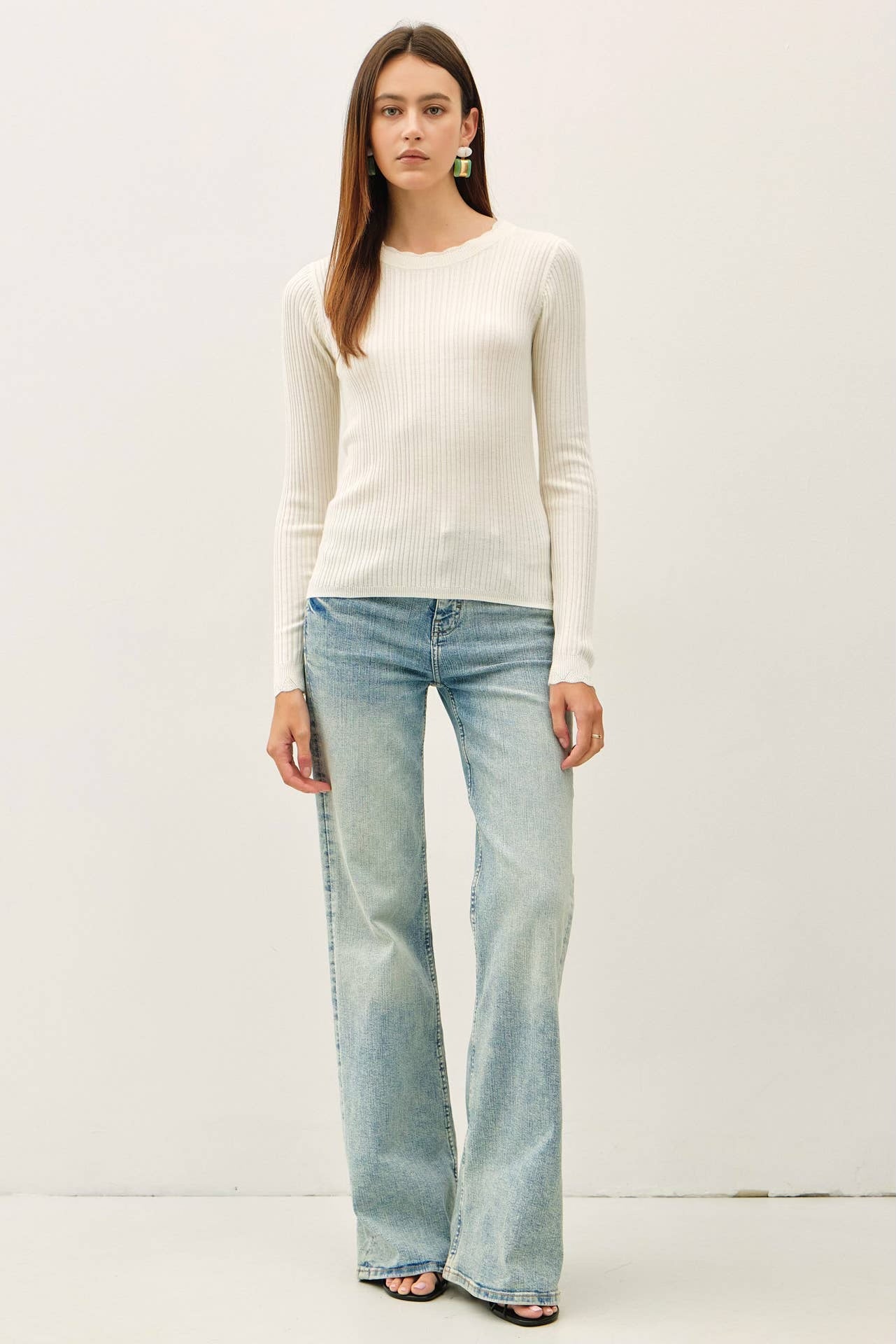 Scalloped Edge Neckline, Slim Fit, Ribbed Sweater Top