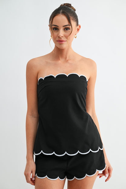 Scalloped Contrast Trim Shorts Set