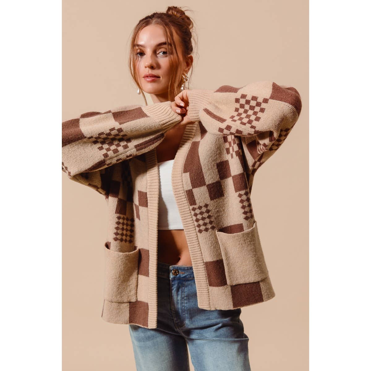 So Me Checkered Open Front Cardigan with Pockets