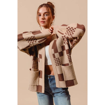 So Me Checkered Open Front Cardigan with Pockets
