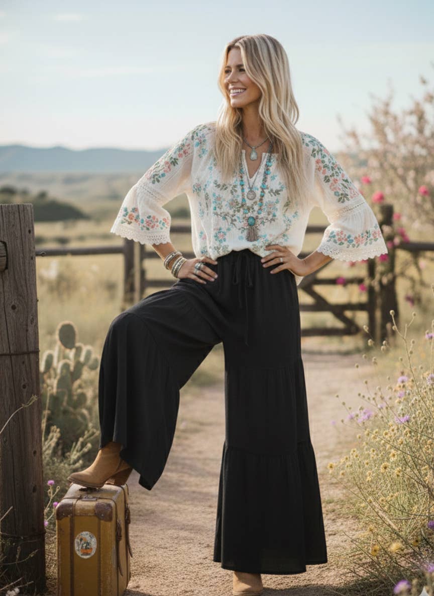 Sewn and Seen Linen Blend Tiered Wide Leg Palazzo Full Length Pants