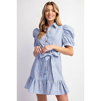 COTTON STRIPED BELTED SHIRT DRESS