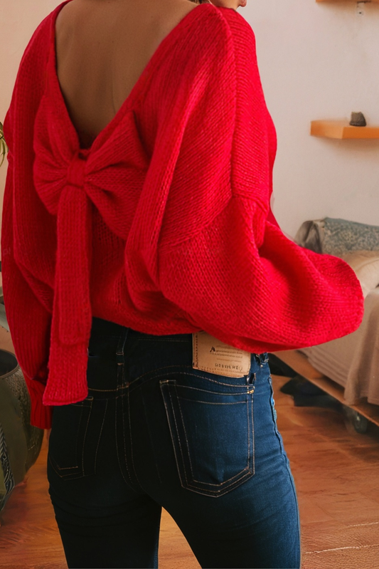 Little Daisy Closet Holiday Bow Backless Bubble Sleeve Sweater