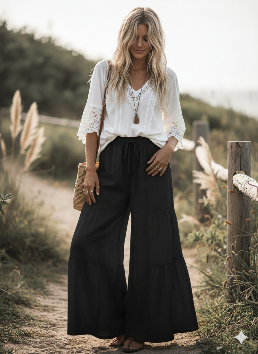Sewn and Seen Linen Blend Tiered Wide Leg Palazzo Full Length Pants