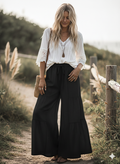 Sewn and Seen Linen Blend Tiered Wide Leg Palazzo Full Length Pants