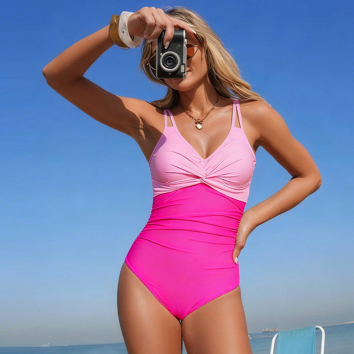 Color Block One Piece Tummy Control Swimsuit