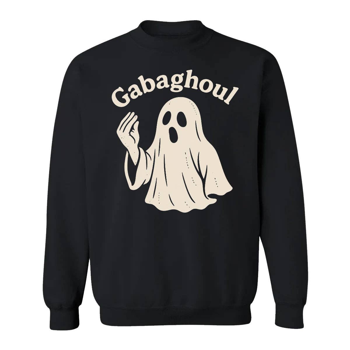 Black crewneck sweatshirt with cream ghost graphic and Gabaghoul text