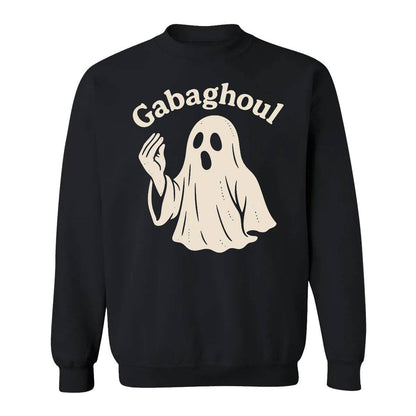 Black crewneck sweatshirt with cream ghost graphic and Gabaghoul text