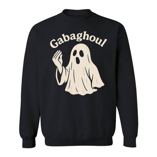 Black crewneck sweatshirt with cream ghost graphic and Gabaghoul text